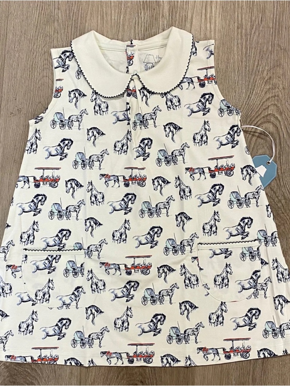 Girls' Cream Horse & Carriage Print Sleeveless Dress